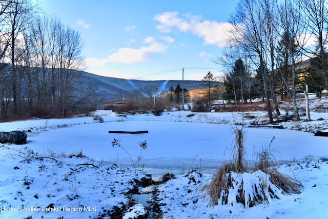 yard covered in snow featuring a mountain view