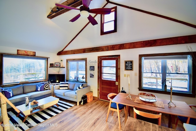 living room featuring plenty of natural light, high vaulted ceiling, and light hardwood / wood-style flooring