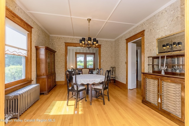 280 Pitcher Ln, Red Hook, NY 12571 - dining room featuring radiator heating unit, a chandelier, light wood-type flooring, crown molding, and wallpapered walls