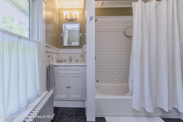 280 Pitcher Ln, Red Hook, NY 12571 - bathroom featuring tile patterned floors, radiator heating unit, shower / tub combo, vanity, and ornamental molding