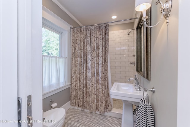 280 Pitcher Ln, Red Hook, NY 12571 - full bathroom featuring crown molding, curtained shower, and tile patterned floors