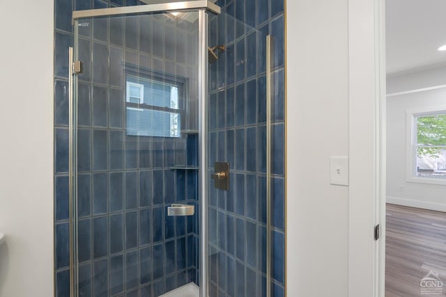 143 Grand St, Schoharie, NY 12157 - bathroom featuring tiled shower, wood finished floors, and baseboards