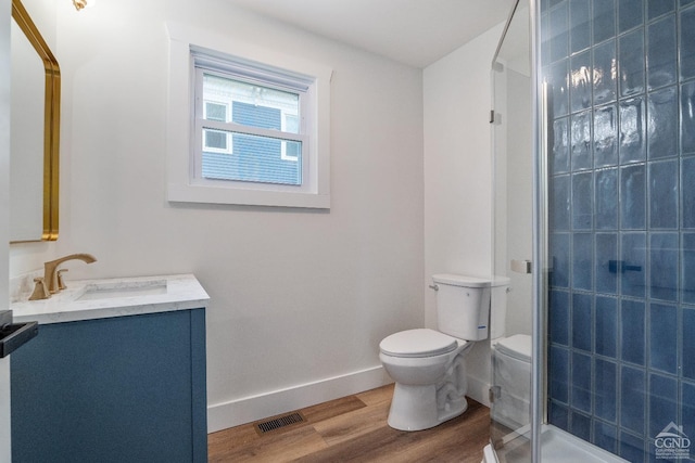 143 Grand St, Schoharie, NY 12157 - bathroom with toilet, wood finished floors, a stall shower, vanity, and baseboards