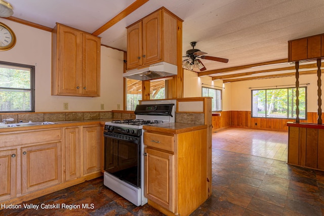 kitchen with white gas stove, wood walls, and a wealth of natural light