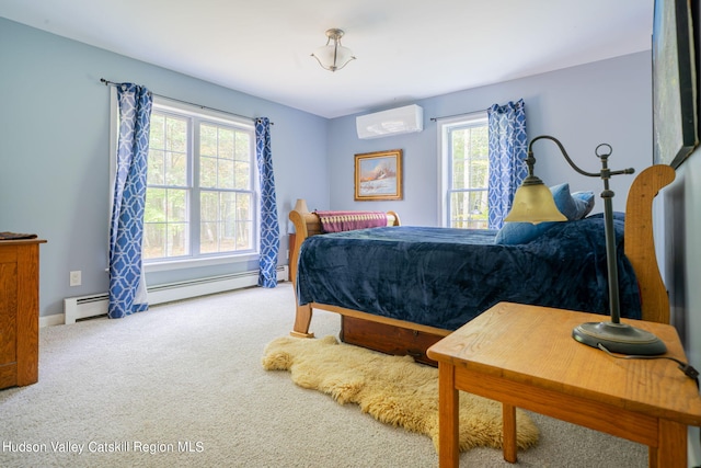 carpeted bedroom with a baseboard radiator, a wall mounted AC, and multiple windows