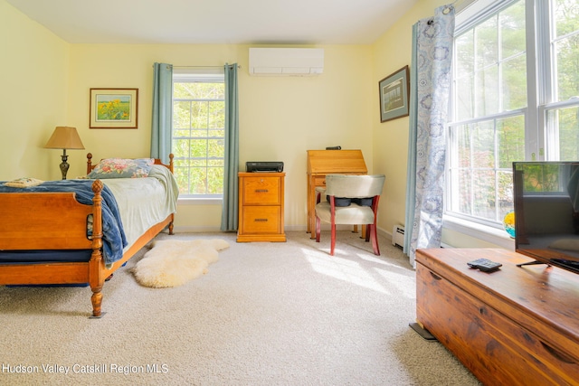 carpeted bedroom with a wall mounted AC and a baseboard heating unit