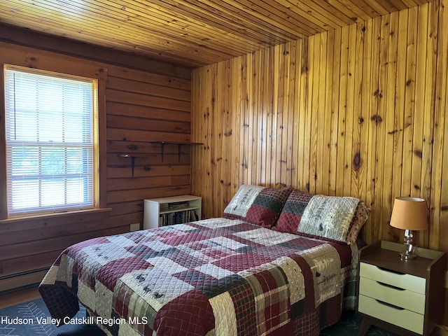 29 Fallen Tree Ln, Athens, NY 12015 - bedroom featuring wooden walls, baseboard heating, and wood ceiling