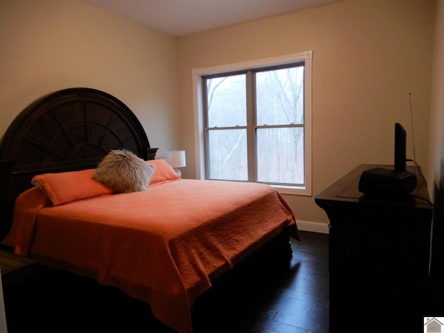 bedroom with dark hardwood / wood-style floors