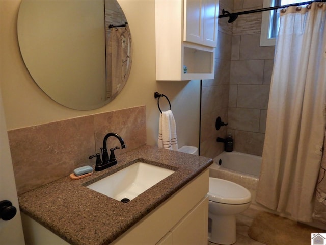 full bathroom with shower / tub combo with curtain, toilet, tasteful backsplash, and vanity