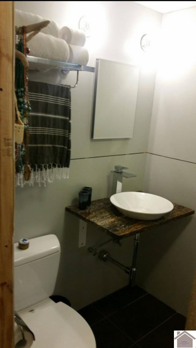 bathroom with vanity, tile flooring, and toilet