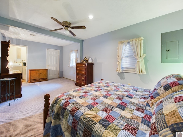 bedroom with ceiling fan and light colored carpet