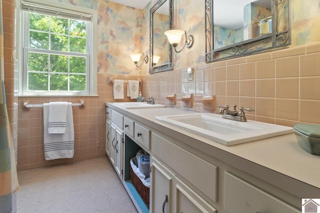 bathroom featuring plenty of natural light, decorative backsplash, tile walls, and tile patterned flooring