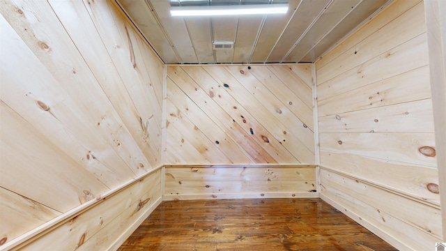 view of sauna featuring hardwood / wood-style floors and wood walls