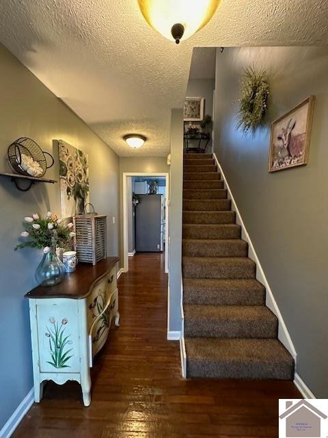 stairway with dark hardwood / wood-style flooring and a textured ceiling