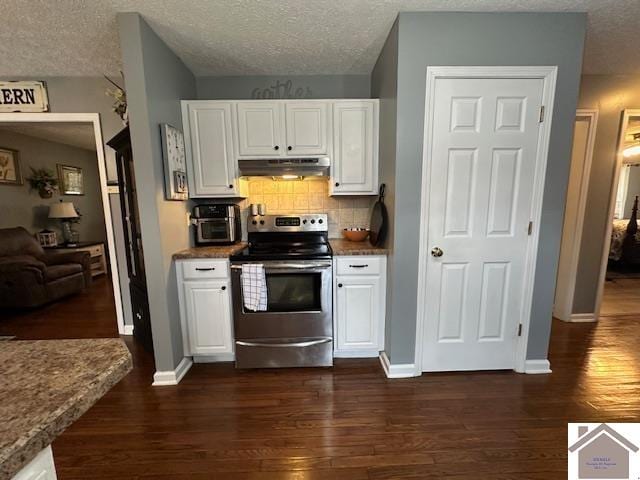 kitchen featuring white cabinets, backsplash, electric range, and dark hardwood / wood-style flooring