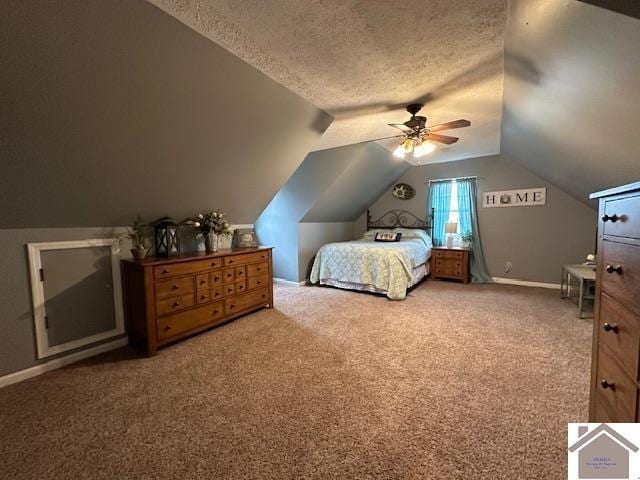 carpeted bedroom featuring a textured ceiling, lofted ceiling, and ceiling fan