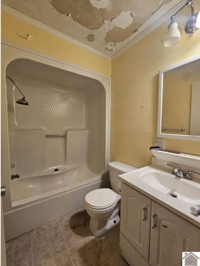 full bathroom with oversized vanity, tile flooring, shower / bathtub combination, toilet, and crown molding