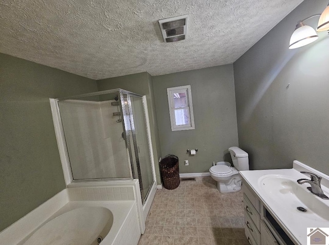 full bathroom with toilet, plus walk in shower, tile floors, a textured ceiling, and vanity