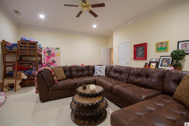 living room with light carpet, crown molding, and ceiling fan