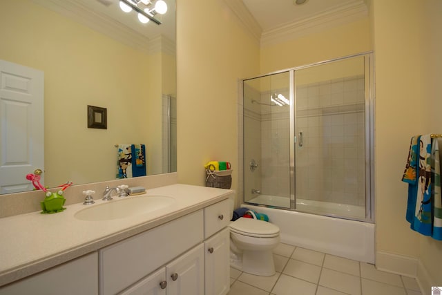 full bathroom with crown molding, toilet, oversized vanity, and tile floors