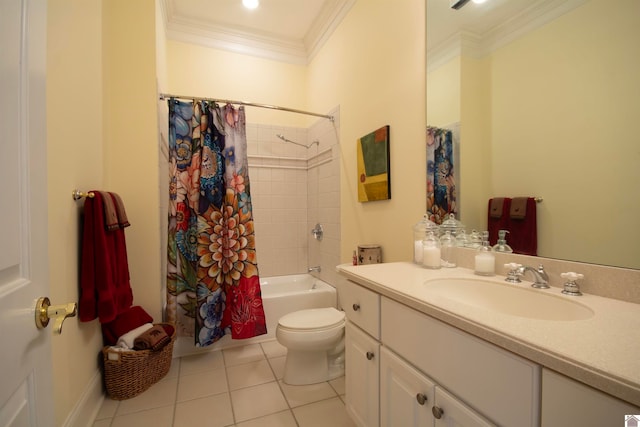 full bathroom with shower / bath combination with curtain, toilet, vanity with extensive cabinet space, and tile flooring