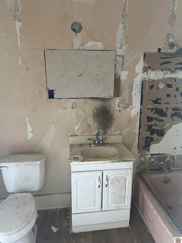 bathroom with wood-type flooring, toilet, and vanity