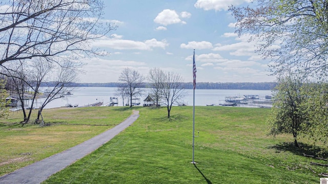 view of nearby features featuring a yard and a water view