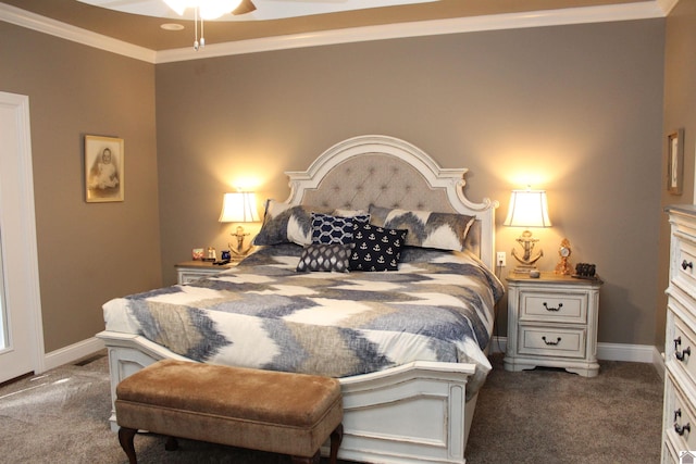 carpeted bedroom featuring ornamental molding and ceiling fan