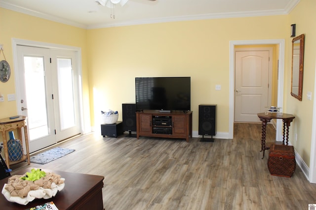 living room featuring hardwood / wood-style floors, ceiling fan, and a wealth of natural light