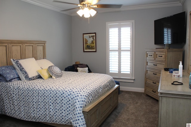 carpeted bedroom featuring multiple windows, ceiling fan, and ornamental molding