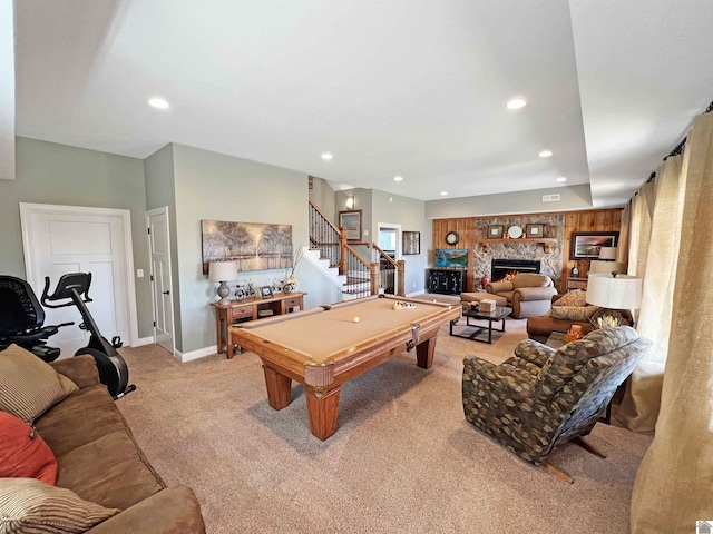 interior space with light colored carpet and pool table