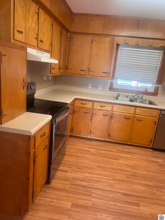 kitchen featuring appliances with stainless steel finishes, sink, and light wood-type flooring