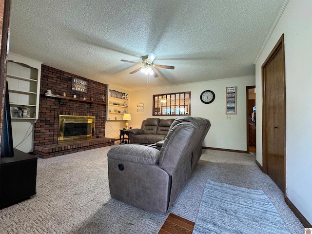 living room featuring ceiling fan, a brick fireplace, a textured ceiling, light carpet, and brick wall