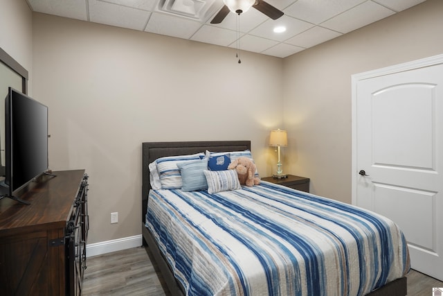 bedroom with a drop ceiling, ceiling fan, and dark hardwood / wood-style floors