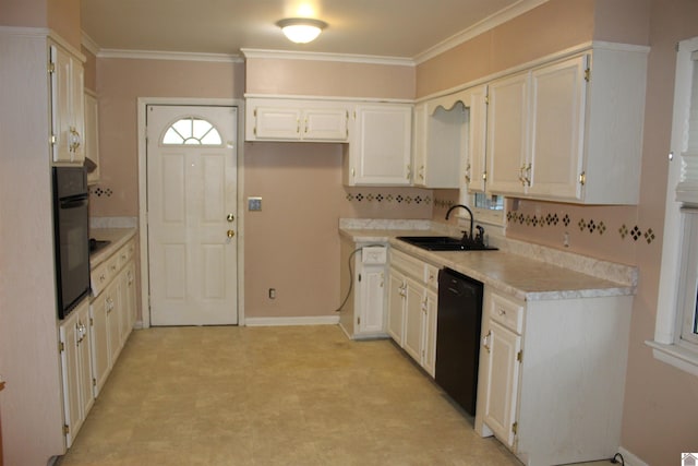 kitchen with white cabinetry, sink, ornamental molding, and black appliances