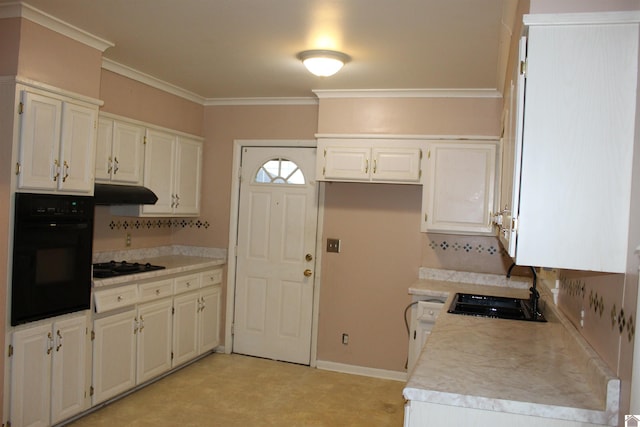 kitchen featuring white cabinetry, crown molding, and black appliances