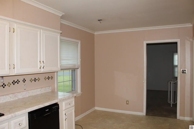 kitchen featuring ornamental molding, dishwasher, light stone countertops, and white cabinets