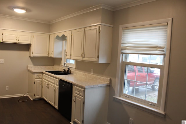 kitchen with ornamental molding, black dishwasher, sink, and white cabinets