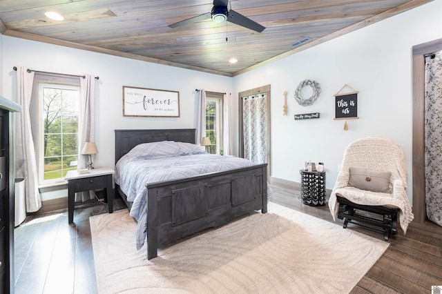 bedroom featuring wooden ceiling, hardwood / wood-style floors, ceiling fan, and ornamental molding