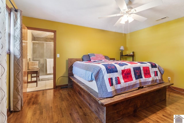 bedroom featuring wood-type flooring and ceiling fan