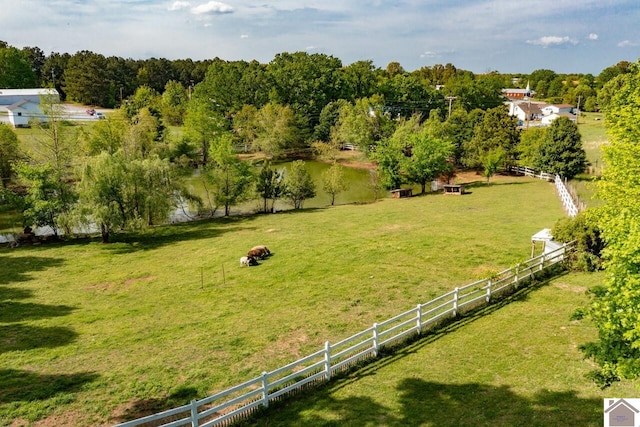 bird's eye view featuring a rural view and a water view