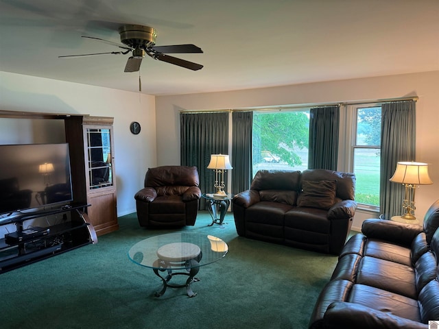 living room featuring ceiling fan and carpet flooring