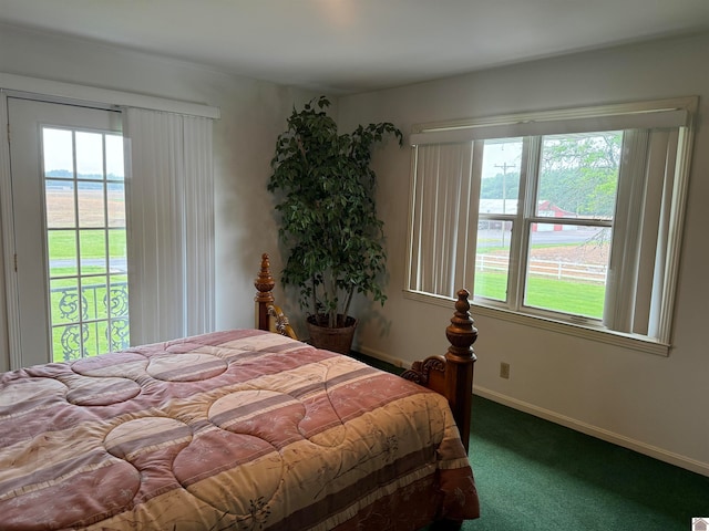 carpeted bedroom featuring a water view