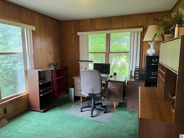 office area featuring wood walls and carpet