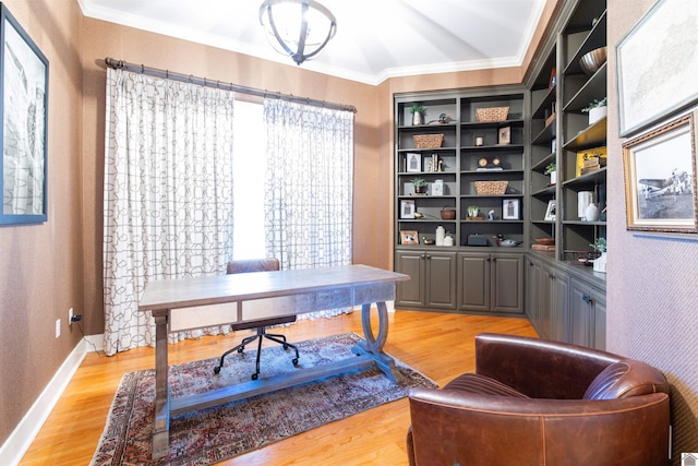 home office with ornamental molding and light hardwood / wood-style floors