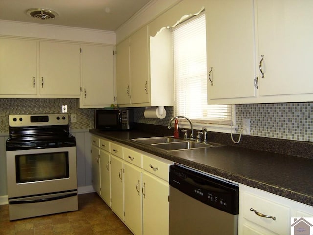 kitchen featuring backsplash, sink, white cabinetry, and stainless steel appliances