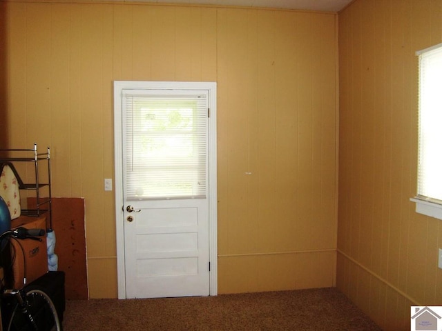 doorway with wood walls and carpet floors