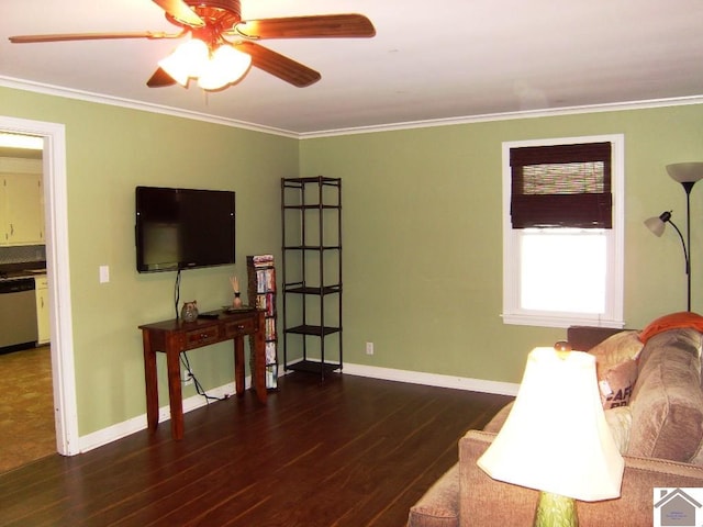 living room with crown molding, ceiling fan, and dark wood-type flooring