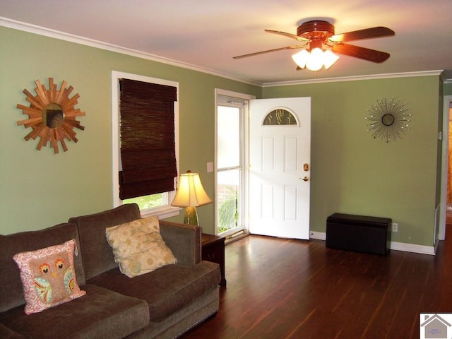 living room featuring dark hardwood / wood-style floors, ceiling fan, and crown molding