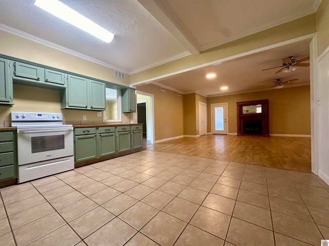 kitchen with ceiling fan, beamed ceiling, white electric stove, light wood-type flooring, and ornamental molding